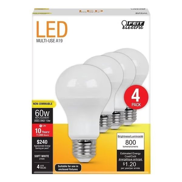 LED Lamp, General Purpose, A19 Lamp, 60 W Equivalent, E26 Lamp Base, Soft White Light, Feit Electric, Mfr#: A800/827/10KLED/4
